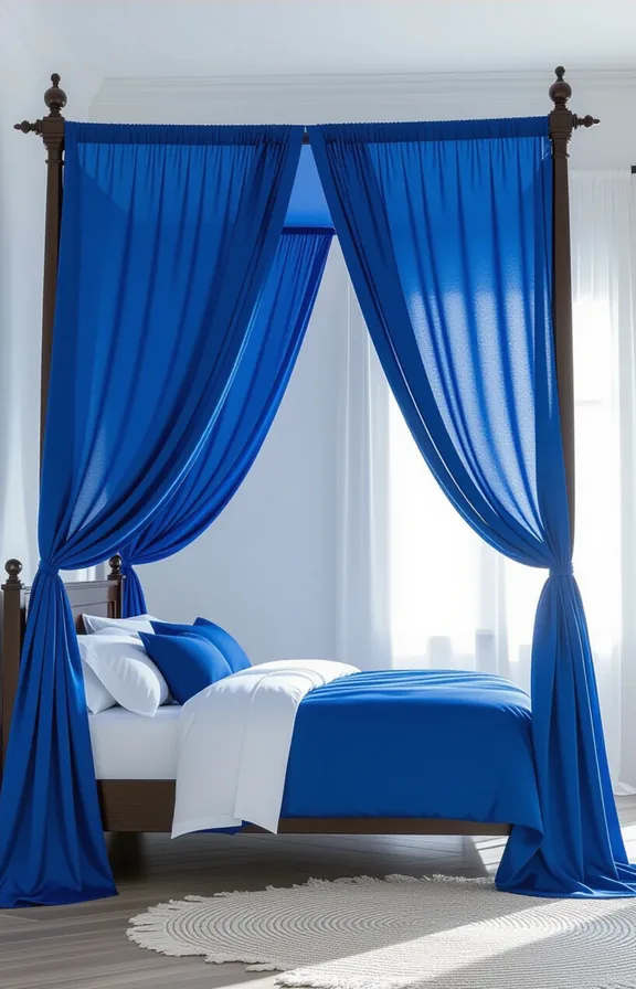 3/4 view sheer sapphire blue satin canopy draped