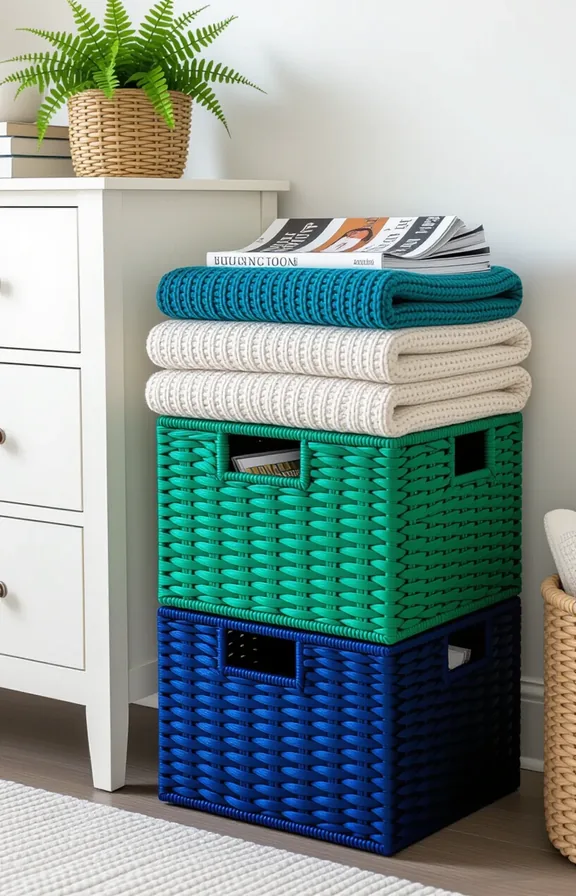 set three woven storage baskets emerald teal and