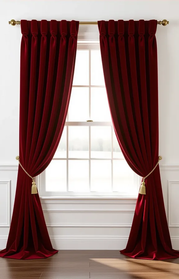 Medium shot heavy velvet drapes deep ruby red