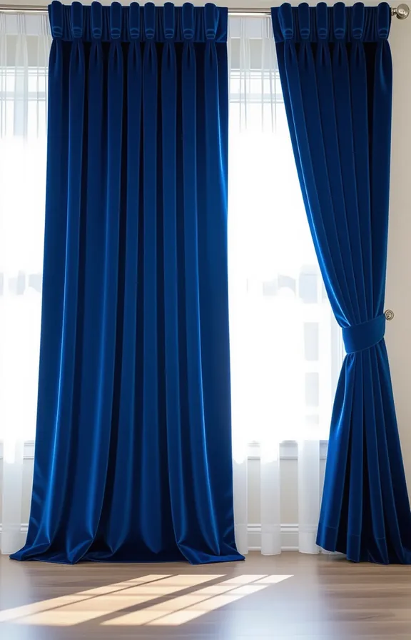 Medium shot floor-to-ceiling sapphire blue velvet curtains hanging