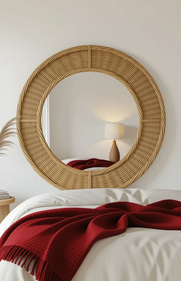 3/4 view large round rattan mirror leaning against