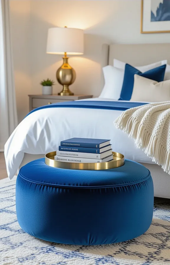 Medium shot plump sapphire blue velvet floor pouf