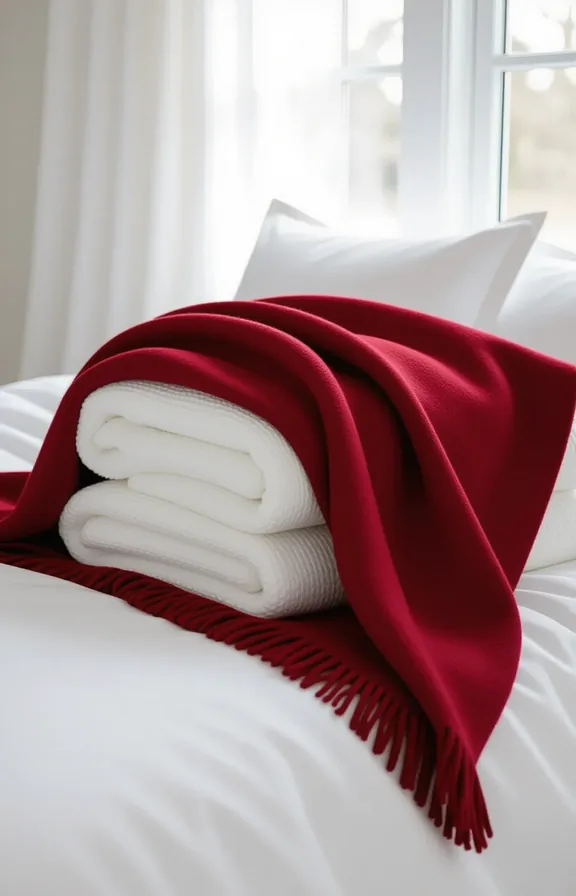 heavy garnet red wool throw blanket layered precisely