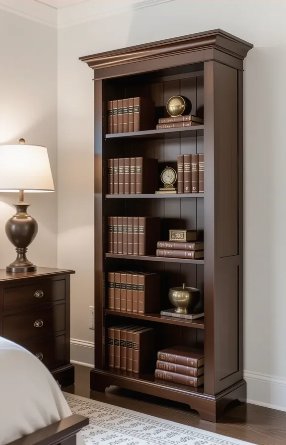 Wide shot slim freestanding dark walnut bookcase styled