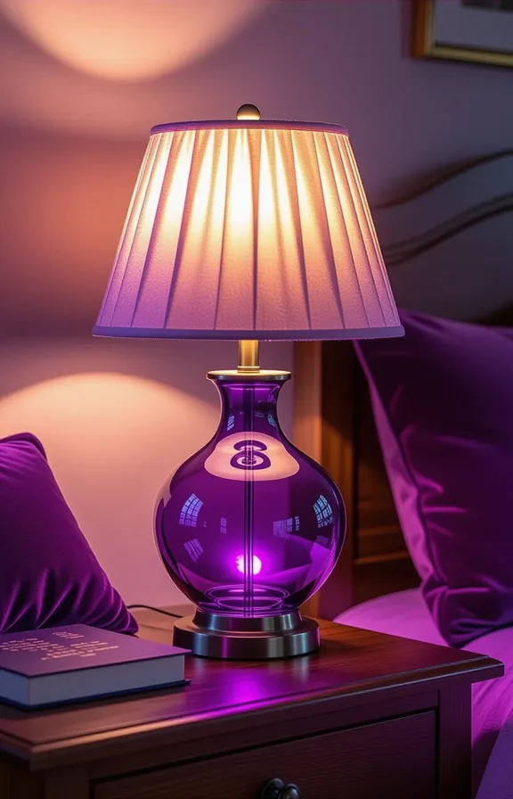 Medium shot amethyst purple glass table lamp glowing
