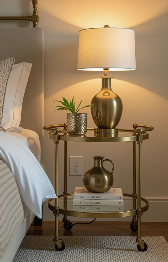 3/4 view small brass and glass trolley serving