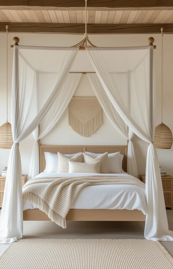freestanding four-poster bed frame draped with sheer white