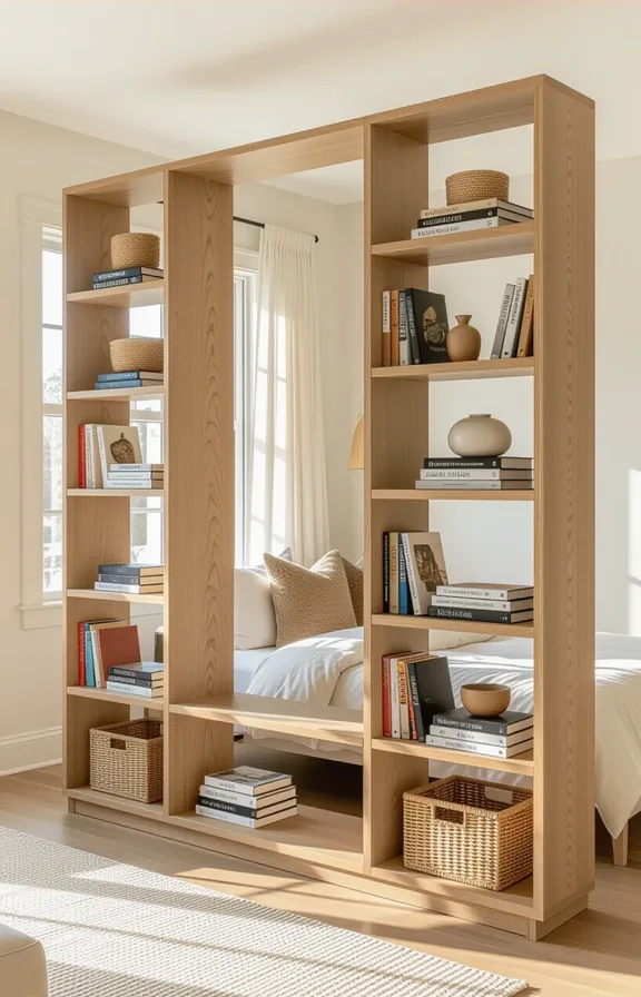 Medium wide shot tall open-backed freestanding bookcase used