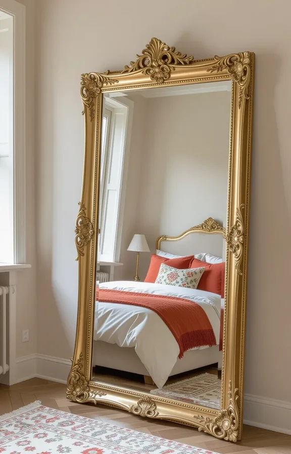 oversized ornate gilt floor mirror leaning against plain
