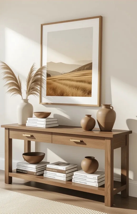 Three-quarter view sturdy wooden console table placed against
