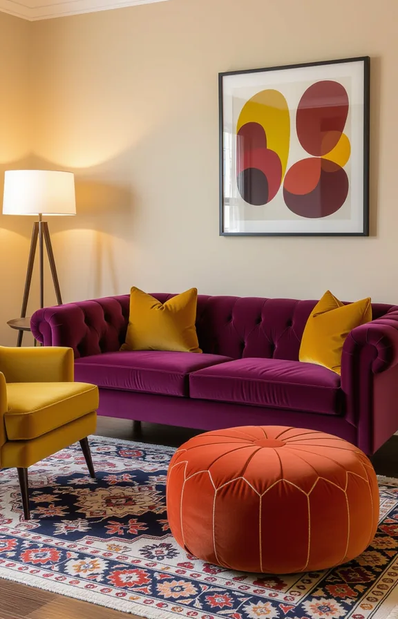 Medium shot seating area where deep plum velvet