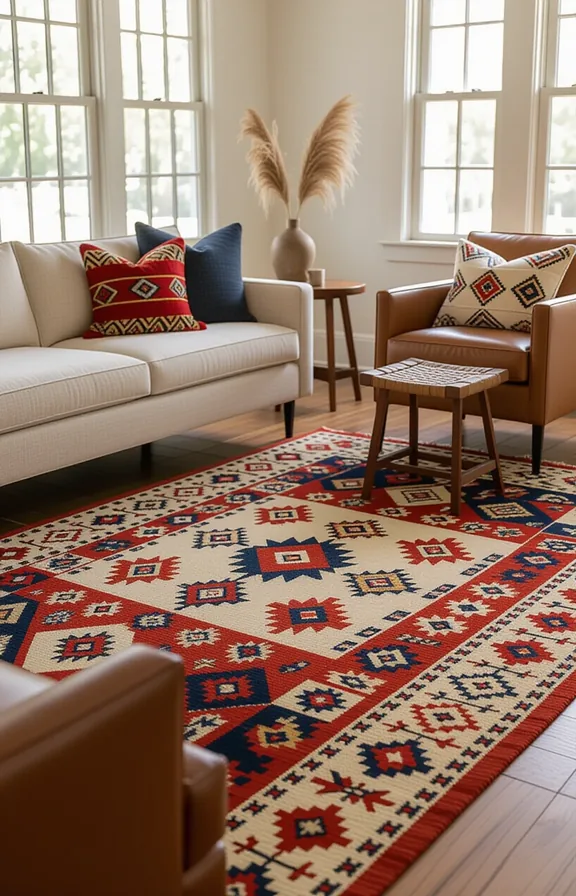 three patterned rugs layered top each other rental