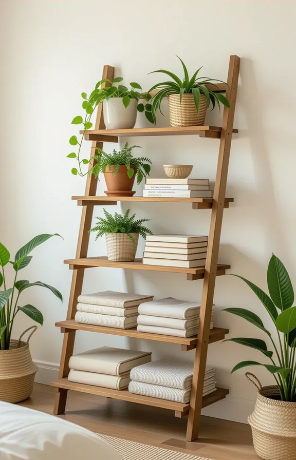 Three-quarter view vintage wooden ladder shelf leaned securely