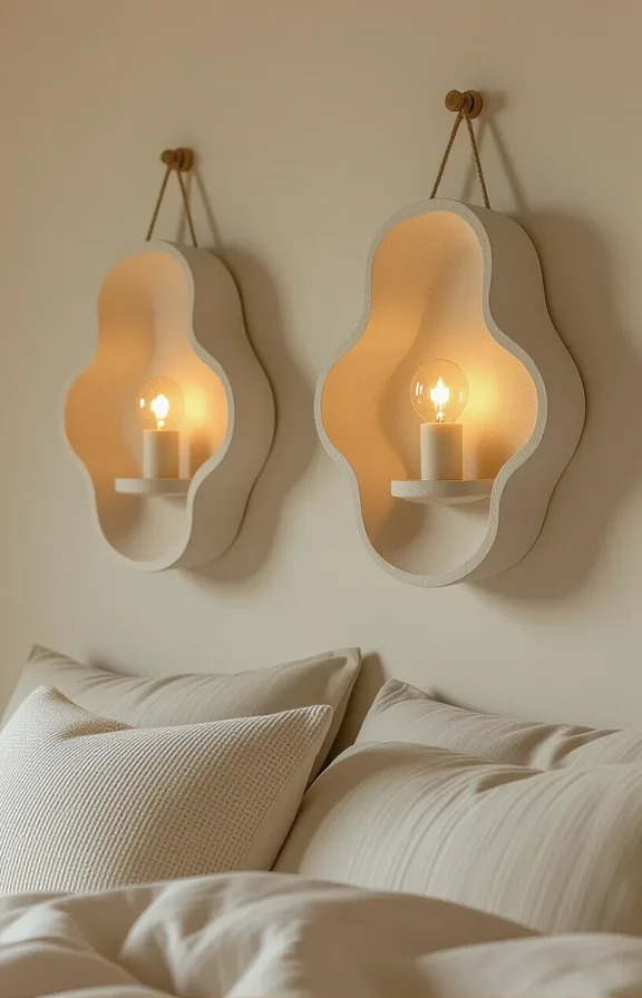 Medium shot pair textured organic-shaped papier-mâché wall sconces