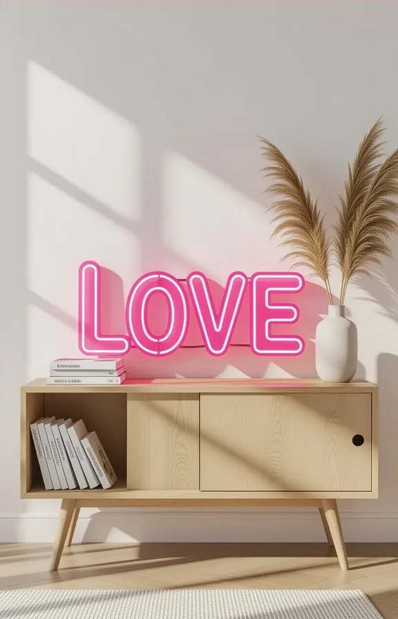 Three-quarter view large bright pink neon 'LOVE' sign