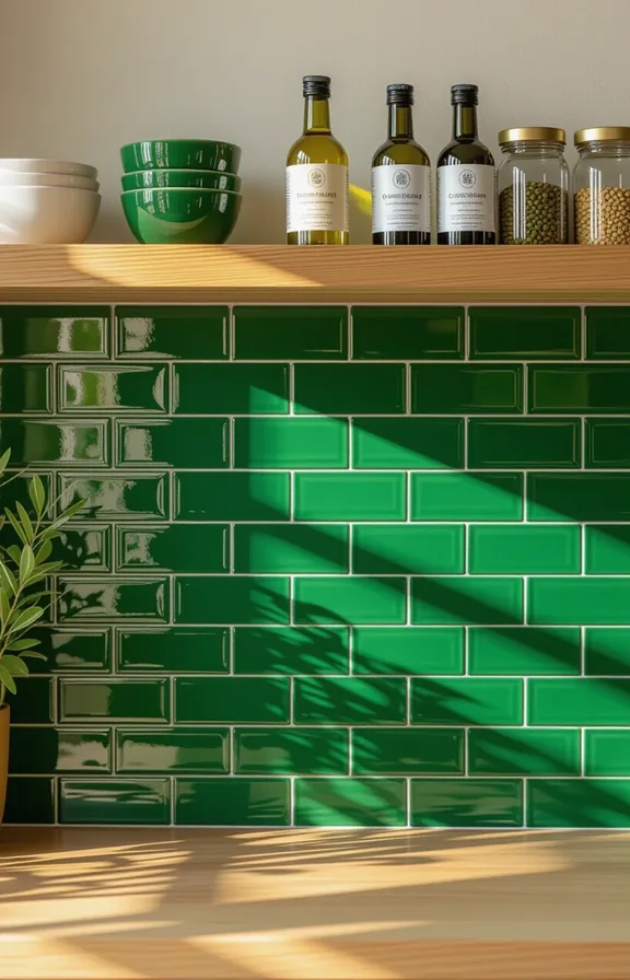 Medium shot kitchen backsplash area covered glossy emerald