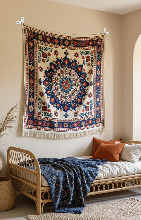 large intricately patterned boho tapestry hanging from clear