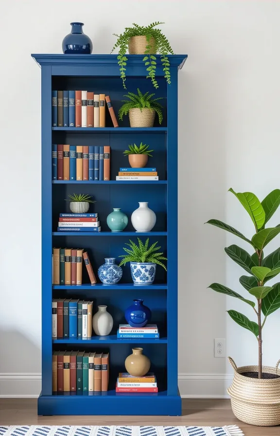 Three-quarter view tall slim freestanding bookcase unit painted