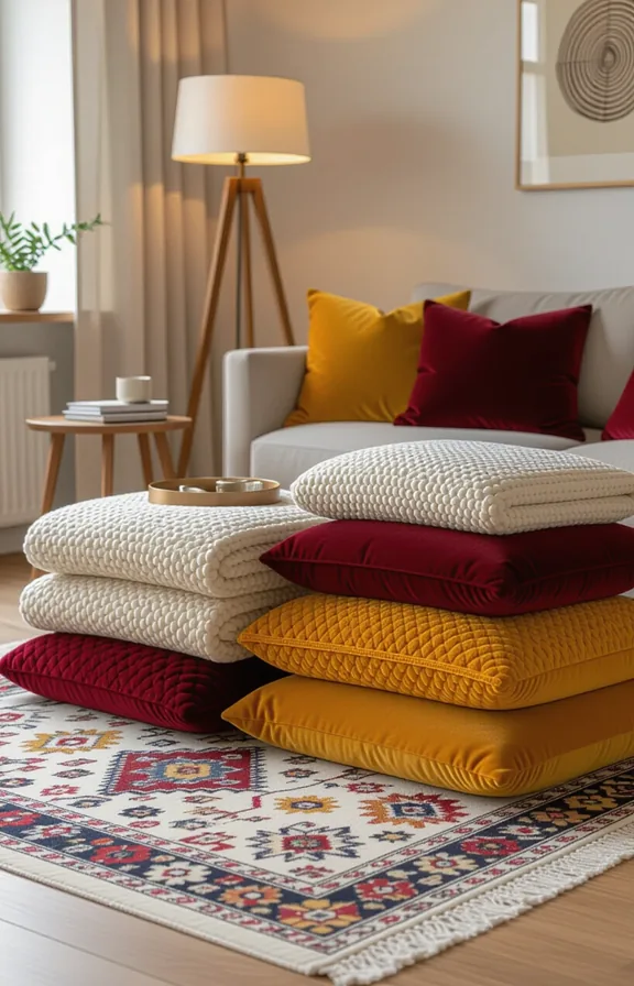 Medium wide shot lush pile patterned rugs textured