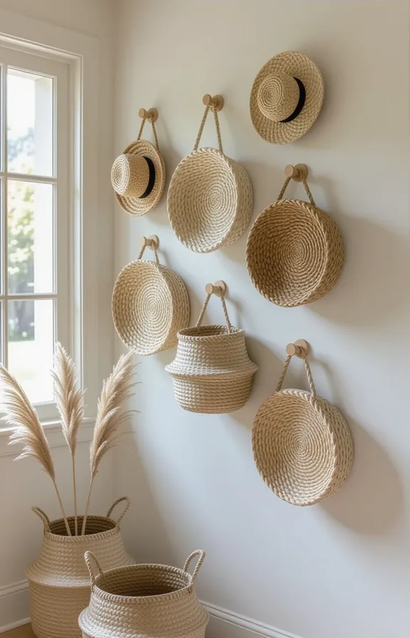 collection natural woven baskets various sizes hung plain