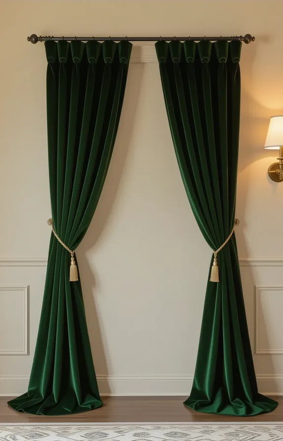 Three-quarter view dramatic floor-to-ceiling velvet curtain hung from