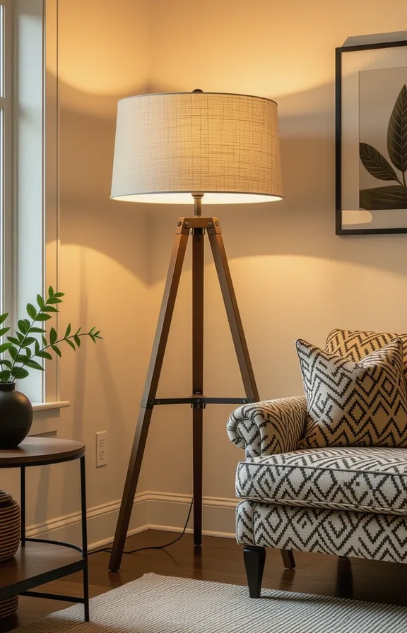 Medium shot large sculptural tripod floor lamp with