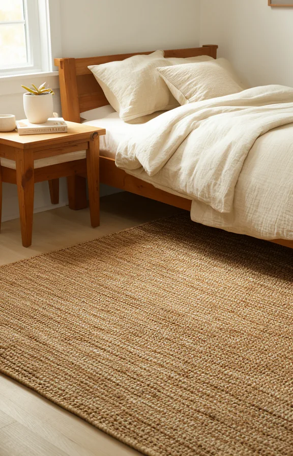 wooden bed frame and nightstand on the rug