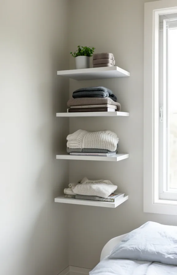 holding folded sweaters, books, and a small plant