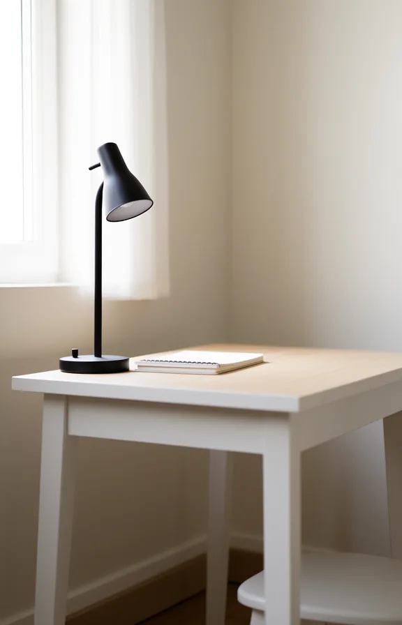 one notebook, light wood desk surface, soft morning light from window
