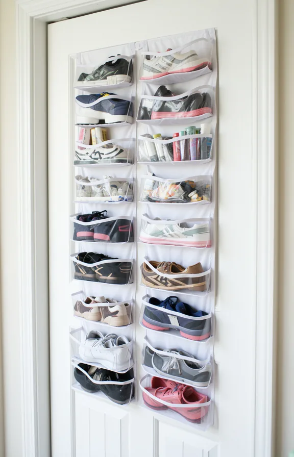 some holding shoes and small items, white dorm room door frame