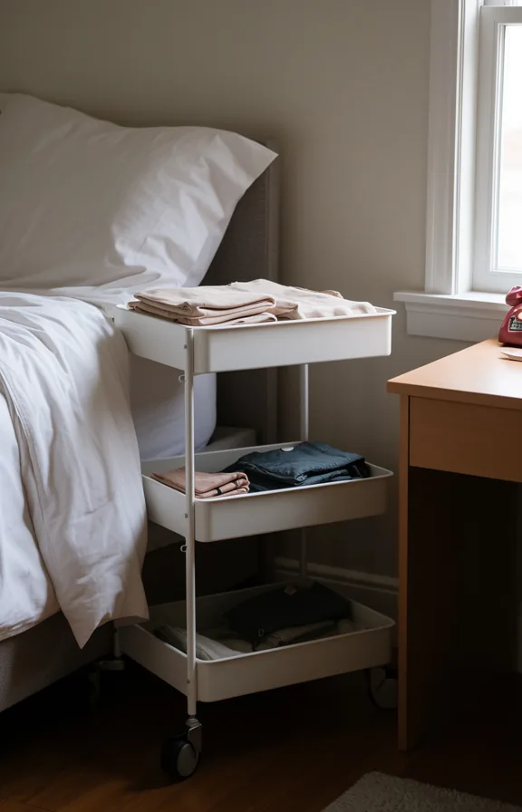 positioned between a bed and desk in a tight dorm corner