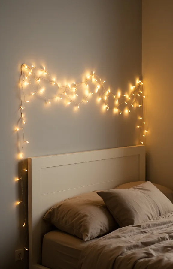 creating soft ambient glow, pale gray walls, bed below with neutral bedding