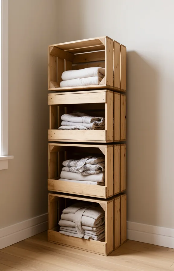 some holding folded fabric, minimal bedroom space, warm neutral light