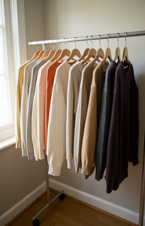 holding hanging sweaters organized by color, corner of small dorm