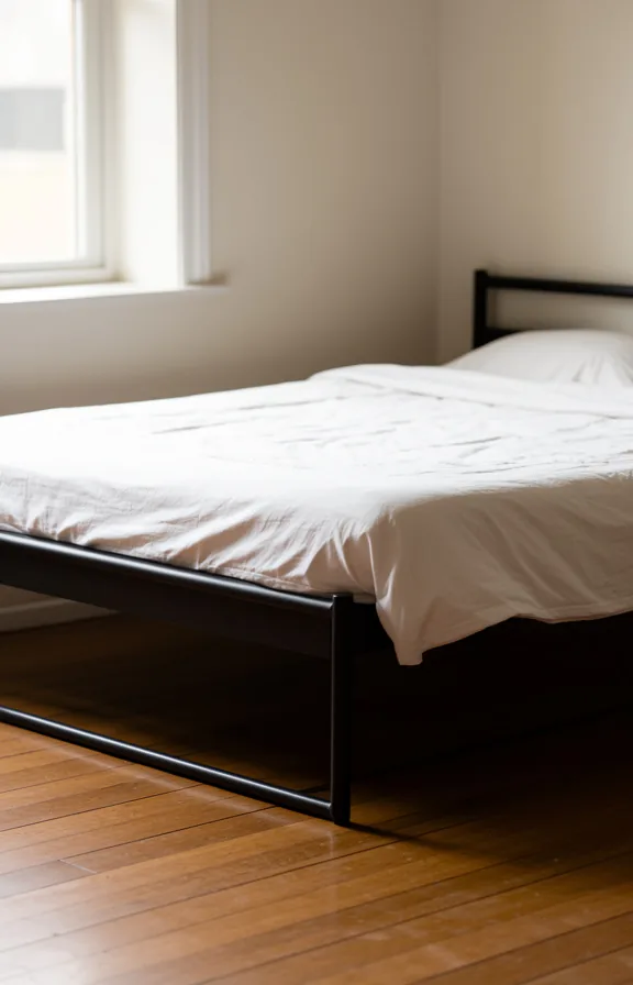 wooden floor visible, minimal dorm aesthetic, warm neutral afternoon light
