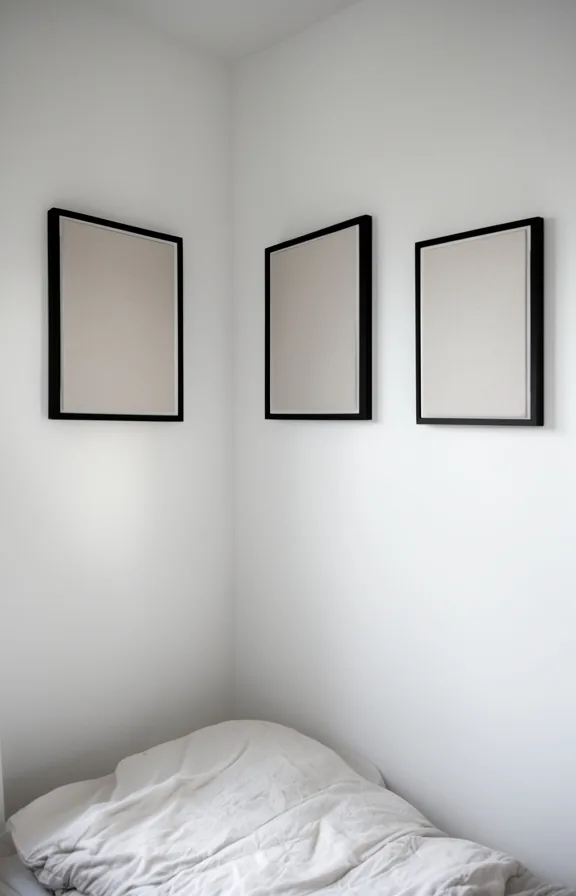 simple black frames, minimal dorm room corner, natural morning light