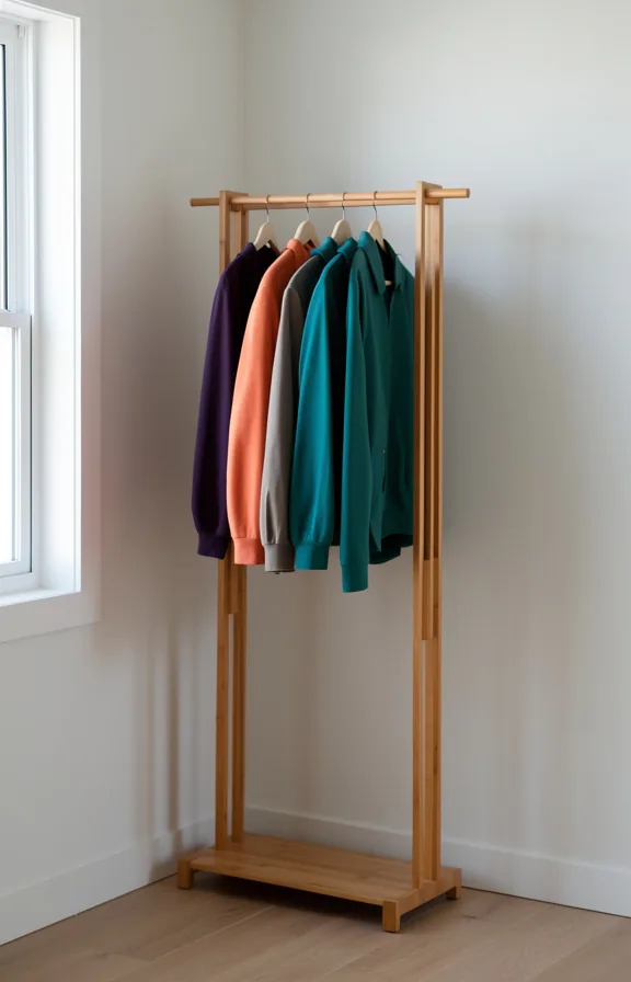 positioned in a corner beside a small window