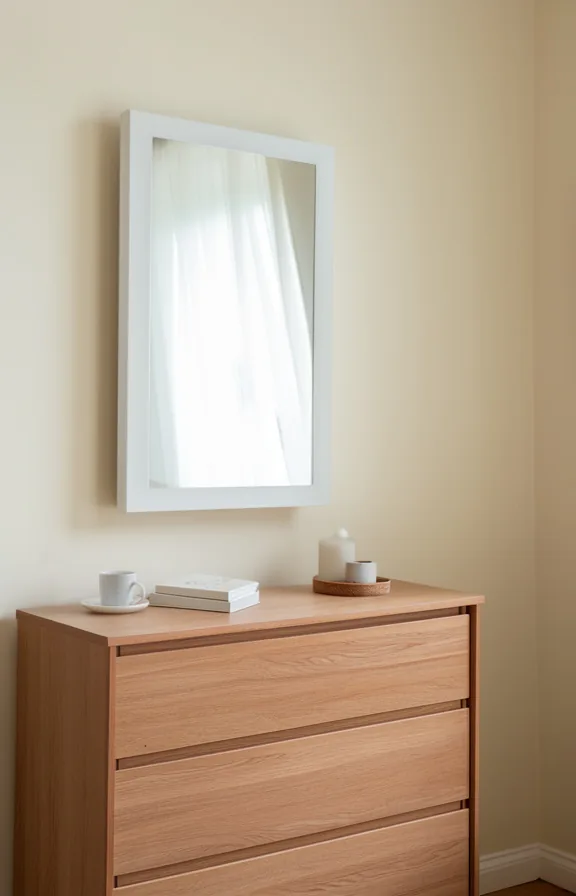 soft morning light reflecting on mirror surface, minimal decor