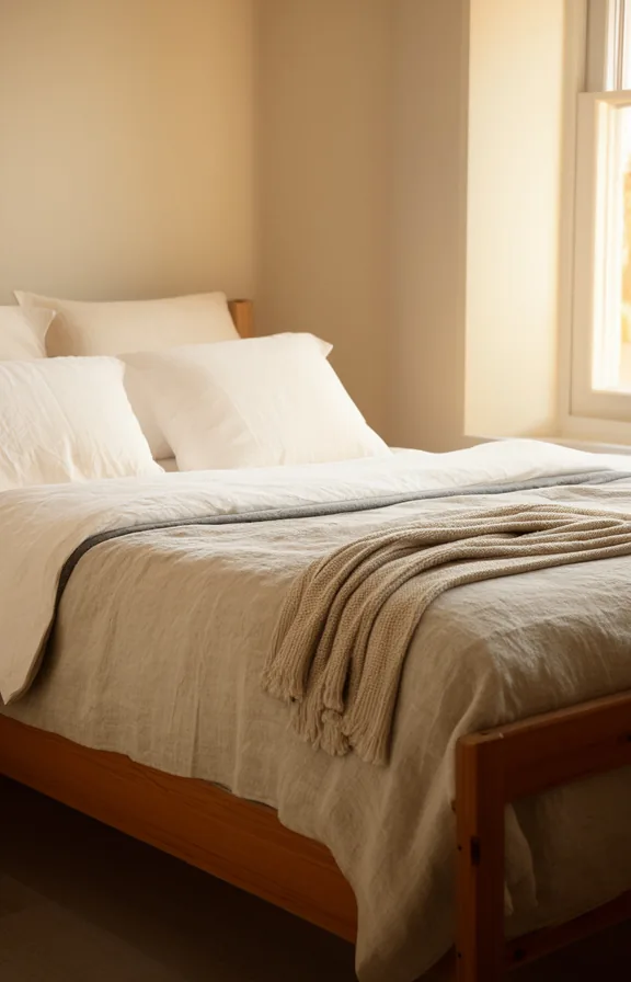 simple white pillows, one folded throw blanket at the foot
