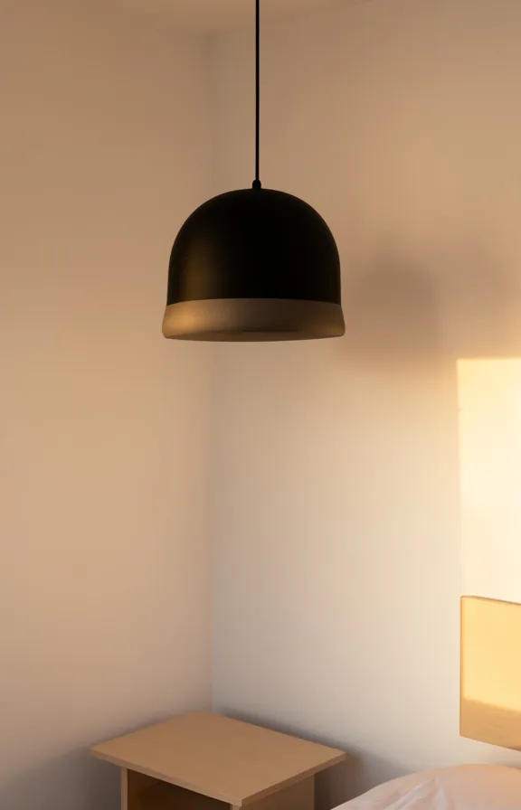 white walls, minimal furniture below, warm golden afternoon light