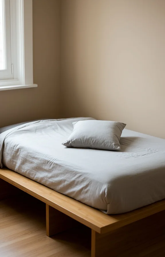 pale gray bedding, one small pillow, small student bedroom
