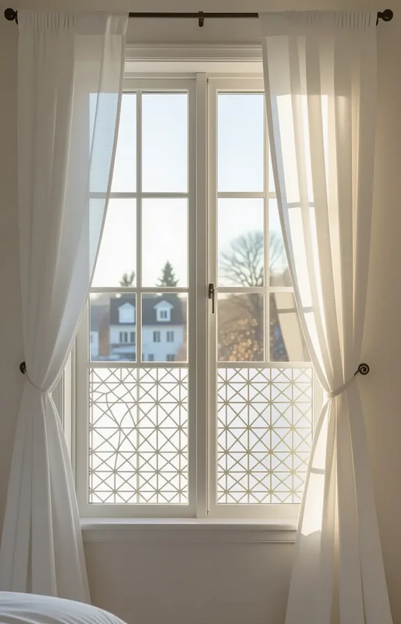 Medium shot standard bedroom window with frosted geometric-patterned