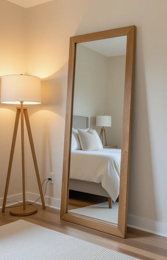 tall leaning full-length mirror with natural wood frame