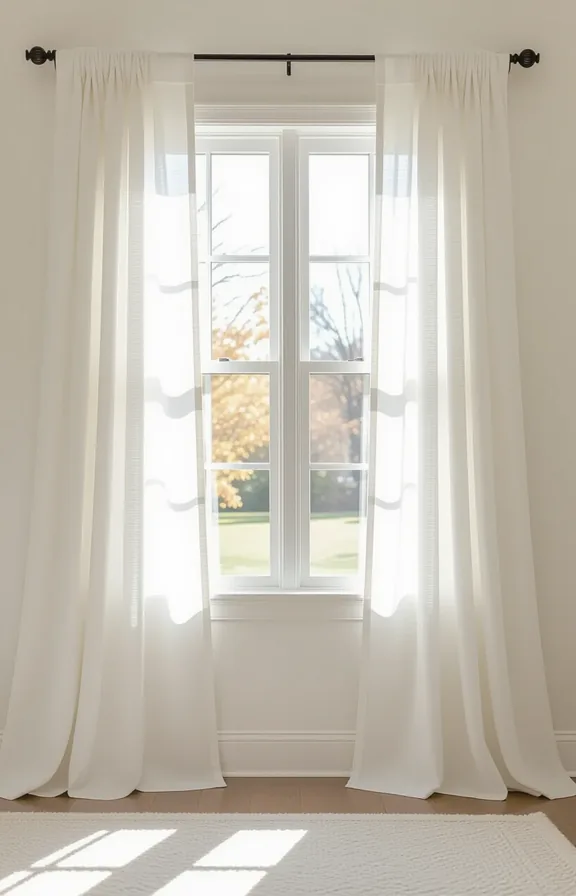 3/4 view floor-to-ceiling sheer linen curtains hanging from