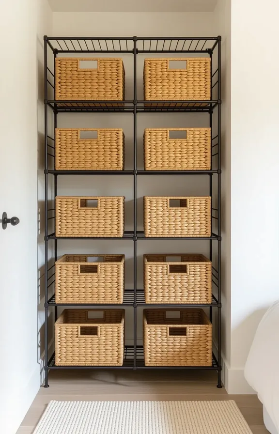 freestanding metal slotted shelving unit small bedroom nook