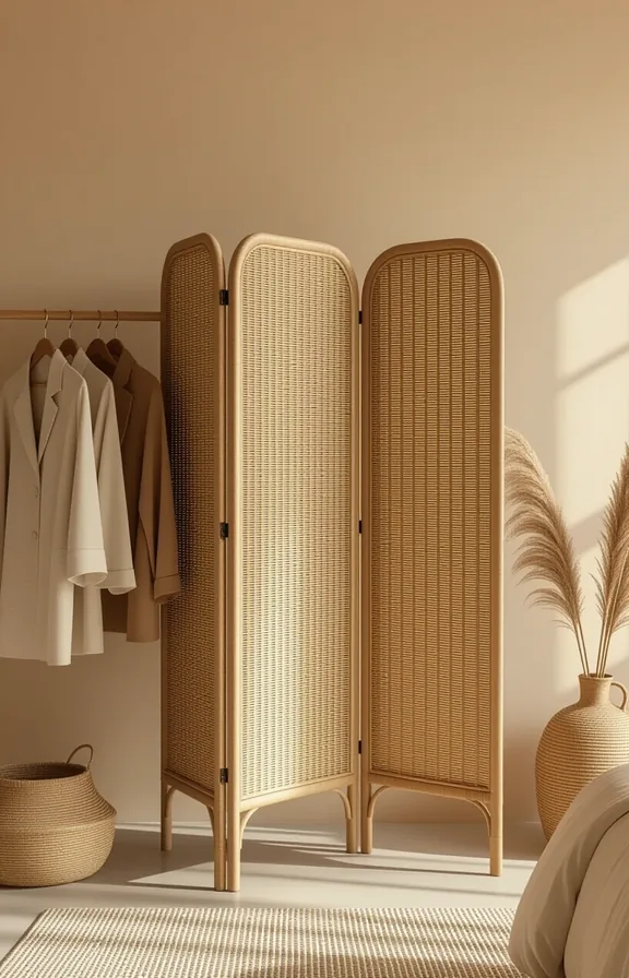 Medium shot freestanding three-panel woven room divider made