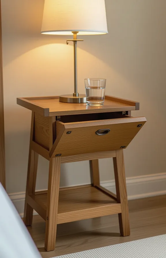 3/4 view wooden tray attached with hinges the