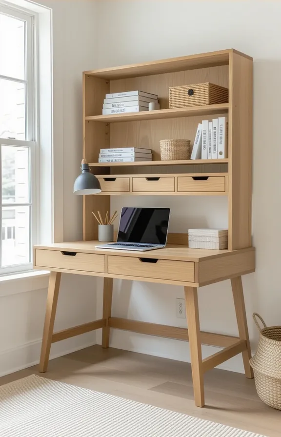 freestanding wooden desk with matching shelf unit sitting