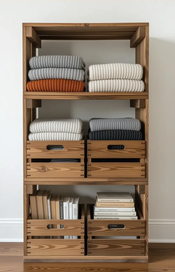 Medium shot three stained wooden crates stacked horizontally