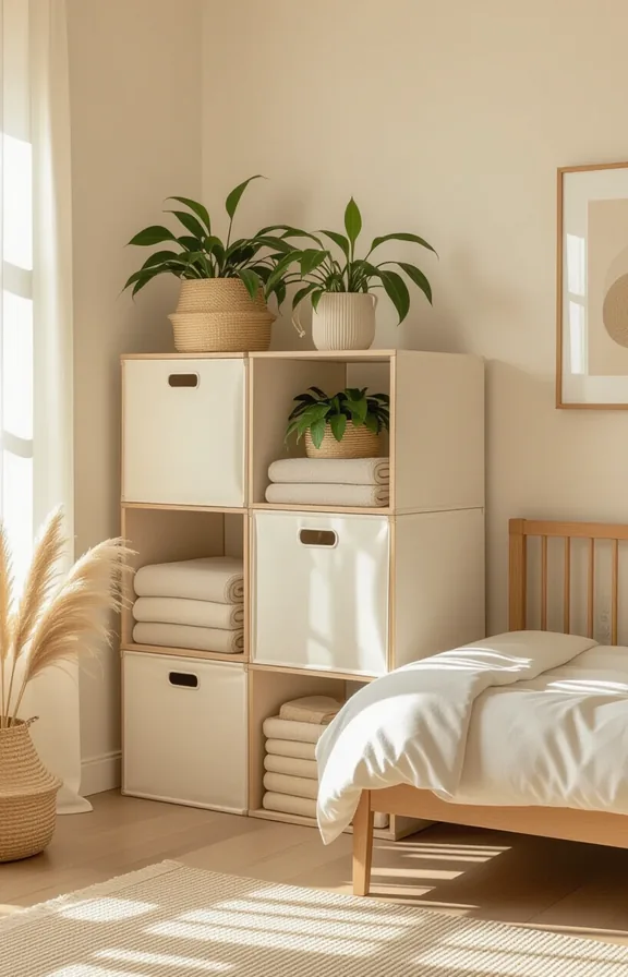 3/4 view modular fabric cube shelving stacked medium-sized